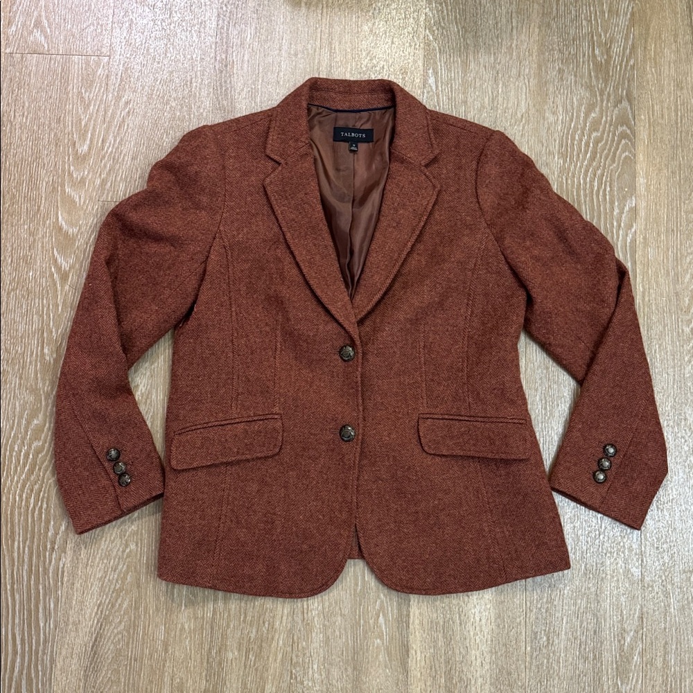 Talbots Classic Shetland Herringbone Wool Blend Blazer Rust Brown Size 12 - Picture 4 of 11